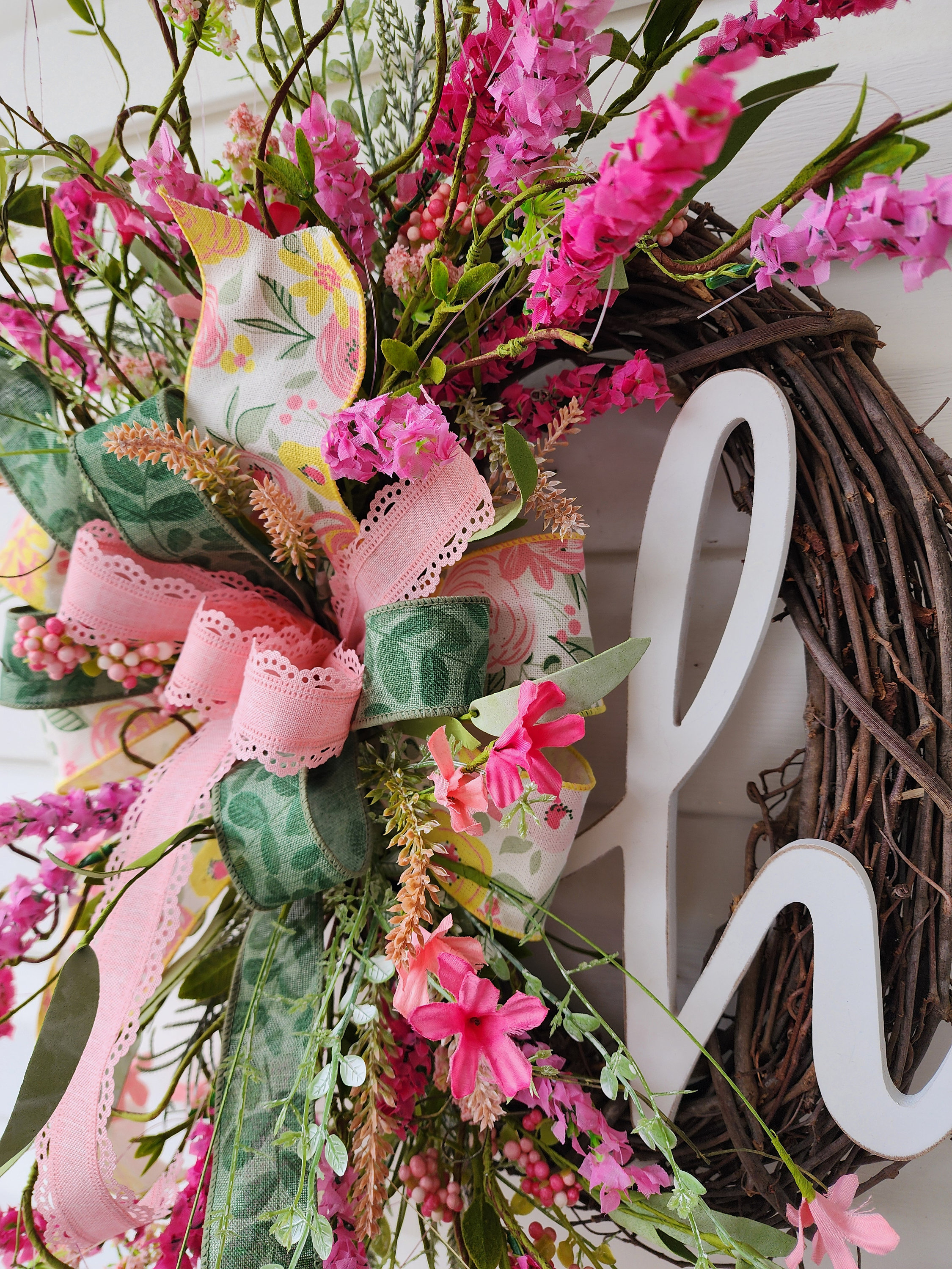 Pink Floral Grapevine Wreath for Front Door, Everyday Spring Summer ...