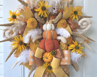 Pumpkin Front Door Wreath, Neutral Fall Decor, Farmhouse Wreath