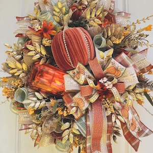 Fall Pumpkin Glam Natural Front Door Wreath, Outdoor Porch Decor, Pumpkin Door Hanger