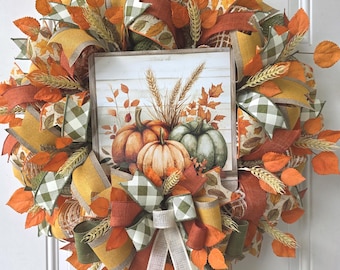 Handmade Fall Pumpkin Wreath, Autumn Harvest Farmhouse Door Decor