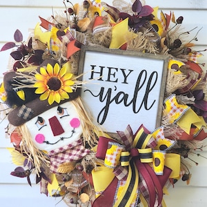 Fall Scarecrow Farmhouse Front Door Welcome Wreath, Outdoor Front Porch Decor
