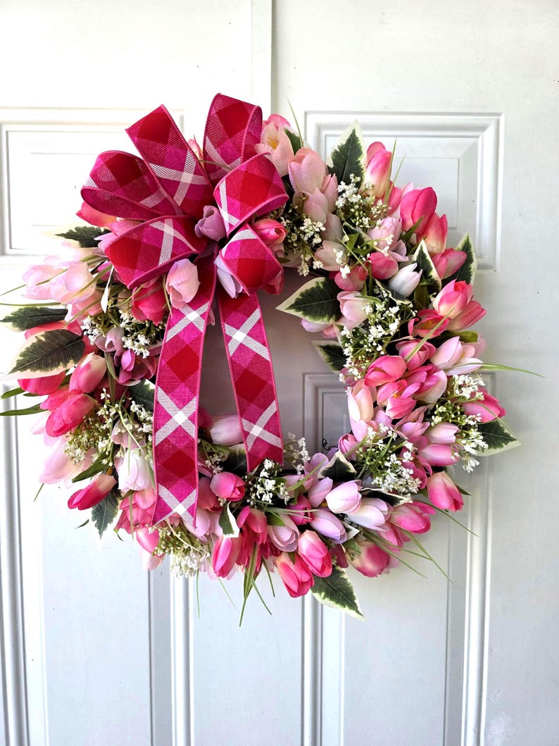 Pink Tulip Wreath, Spring Front Door Grapevine, Floral Easter Decor - Etsy