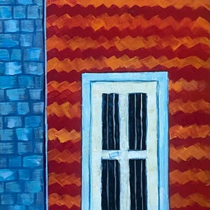 May include: An abstract painting of a building facade. The artwork features a blue brick wall on the left, a red and orange textured wall in the center, and a white door with black bars. The door is framed by a light blue border.
