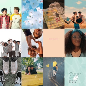 Può includere: Un collage di immagini legate al graphic novel "Heartstopper" di Alice Oseman. Il collage include immagini dei personaggi principali, Nick e Charlie, nonché scene del libro e dell'adattamento Netflix. Il collage include anche un gesto della mano a forma di cuore, un cane e un ombrello giallo.