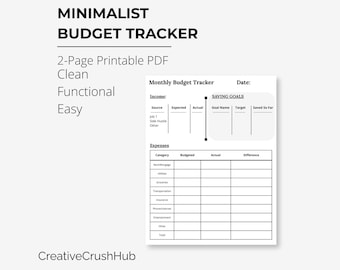 Minimalist Monthly Budget Tracker: Income, Expenses, Savings (PDF)