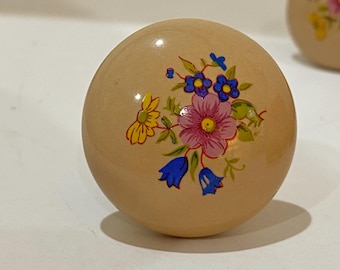 Vintage Porcelain Cabinet Knob  Ceramic Beige Floral Flower Drawer Pull Floral