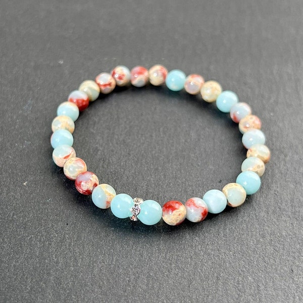 Light Blue Impression Jasper Bracelet | Gemstone Beaded Bracelet 6mm | Aqua Terra Jasper Jewelry