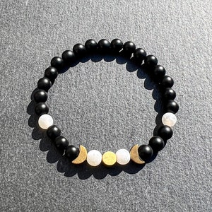 Black Onyx & White Fire Agate 6mm Crystal Bracelet with Bronze Full Moon, Moon Phases Bracelet
