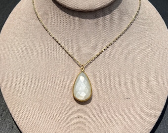 White Moonstone Pear Pendant Necklace | 14k Gold | Gemstone Pendant Necklace | June Birthstone | Large Crystal Pendant