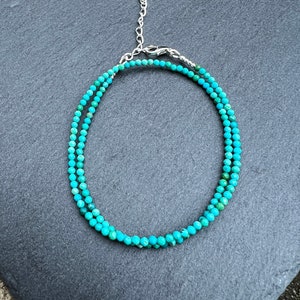 Turquoise Beaded Necklace: Sterling Silver Gemstone Choker, Adjustable