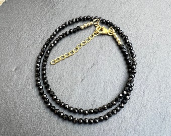 Collier de perles spinelles noires 3 mm | Spinelle noir naturel à facettes AAA | Bijoux délicats en pierres précieuses | Collier en cristal| Pierre naturelle noire