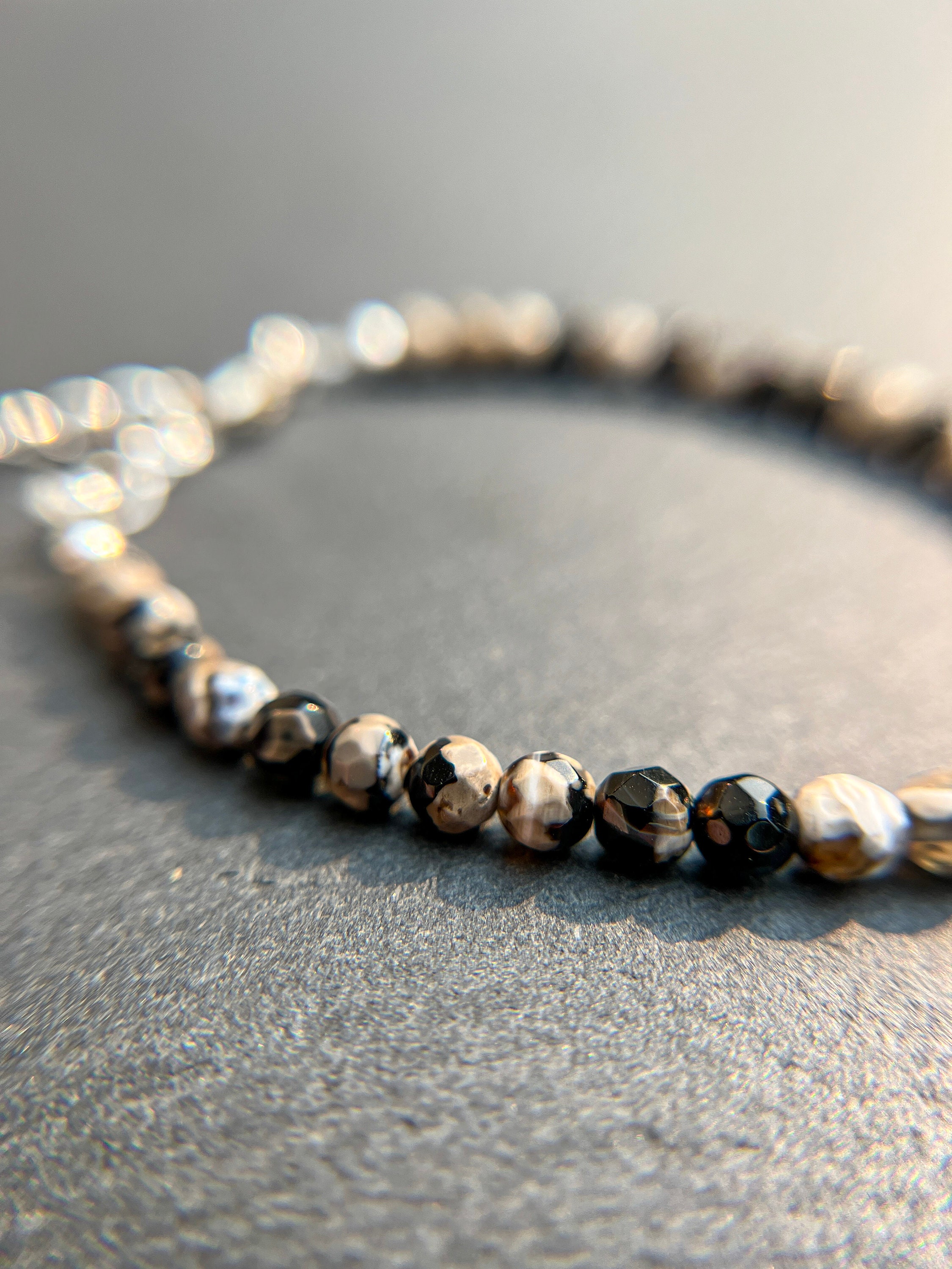 Black Fire Agate Beaded Bracelet 4mm Faceted Orca Agate Dainty Gemstone