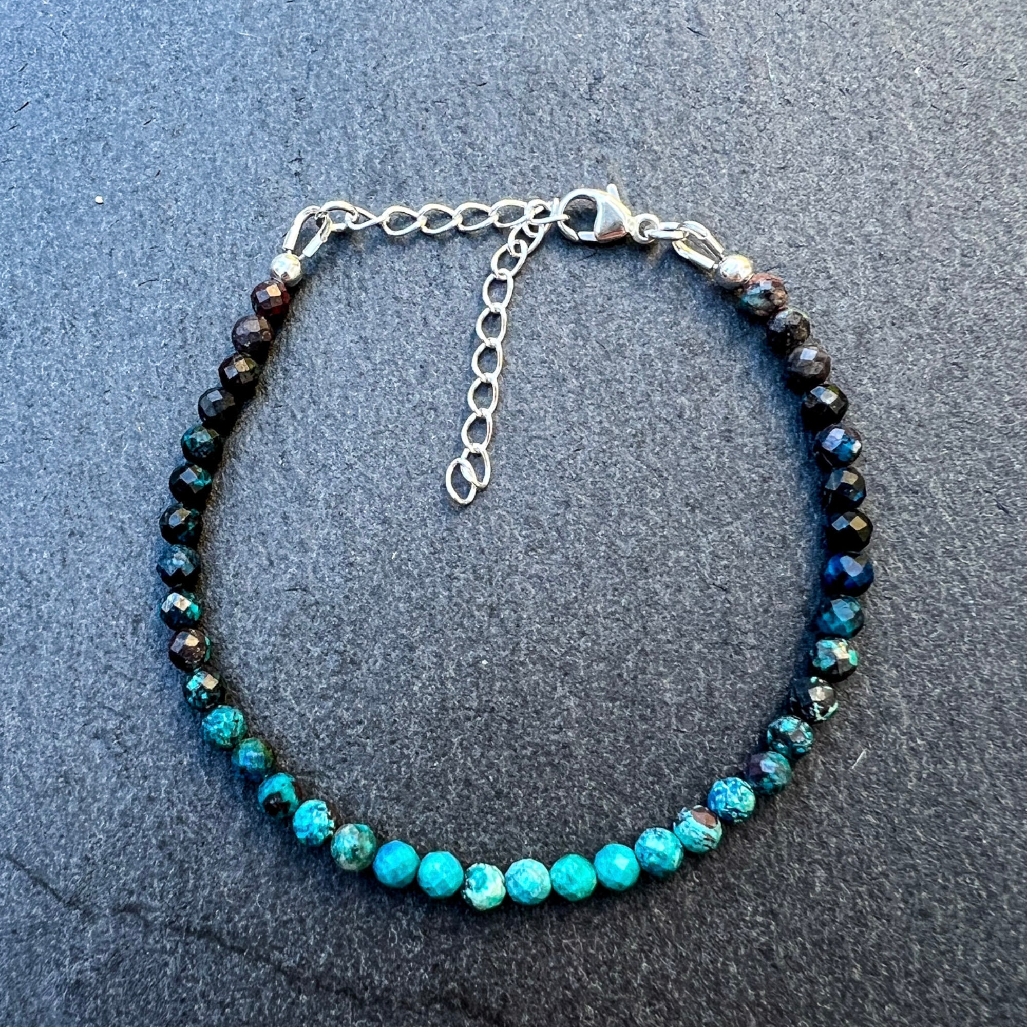 AAA Chrysocolla Azurite Beaded Bracelet, Sterling Silver,