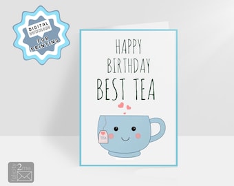 Linda tarjeta de cumpleaños con temática de té para amigos (descarga digital)
