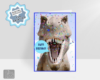 Dinosaurio TRex en confeti TARJETA DE CUMPLEAÑOS IMPRIMIBLE, Descarga digital 5x7"