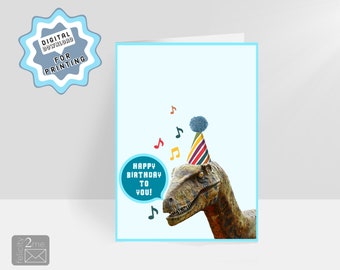 Tarjeta de cumpleaños del dinosaurio Raptor, descarga digital para imprimir