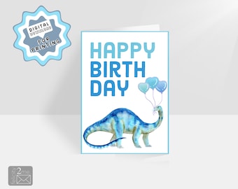 Tarjeta de cumpleaños del dinosaurio Brontosaurio. Descarga digital para impresión. dinosaurio acuarela