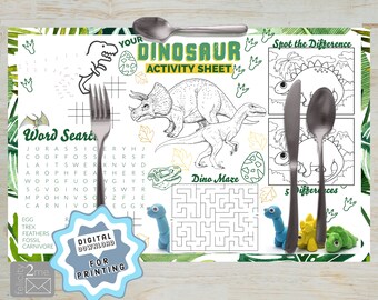 Mantel de actividad de dinosaurio imprimible de 17x11 ", hoja para colorear, juegos y punto a punto, página de actividades de boda para niños