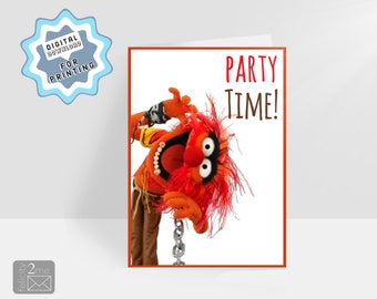 Tarjeta de cumpleaños digital 5x7 pulgadas. Animal Muppet HORA DE FIESTA.