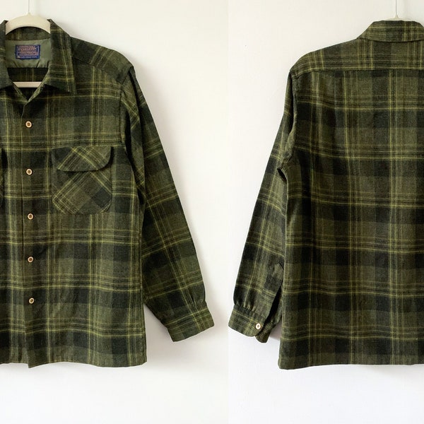 Vintage 60s Pendleton Wool Forest Green EarthTone Plaid Button Down Shirt Made In USA