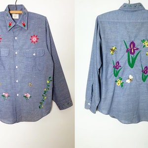 Vintage 70s Big Mac Penneys Chambray Button Down Shirt With Hand Made Embroidery Made in USA