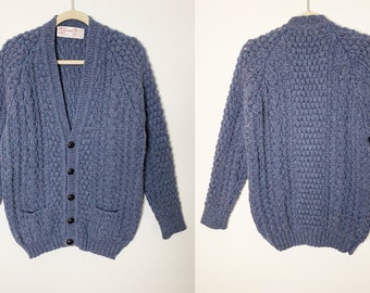 Vintage 70s Aran/Fisherman lana azul gris con manchas de colores cárdigan de punto hecho en Irlanda