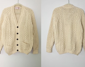 Vintage 70s Ivory Aran/Fisherman Chunky Wool Knitted Cardigan Made In Ireland