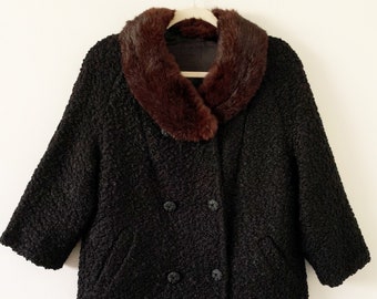 Vintage 50s Black Persian Curly Boucle Peacoat Fully Lined With Fur Collar