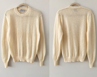 Maglione vintage anni '80 in lana vergine Pendleton color avorio/crema con apertura centrale sul davanti/pizzo/occhiello lavorato a maglia, prodotto negli Stati Uniti