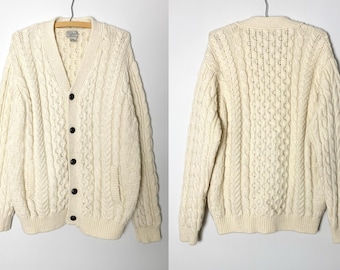 Vintage 90s Ivory LL Bean Aran/Fisherman Wool Cardigan With Pockets Made In Ireland