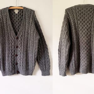 Vintage 80s Dark Gray/Grey LL Bean Aran/Fisherman Wool Cable Knit Cardigan Sweater Made In Ireland