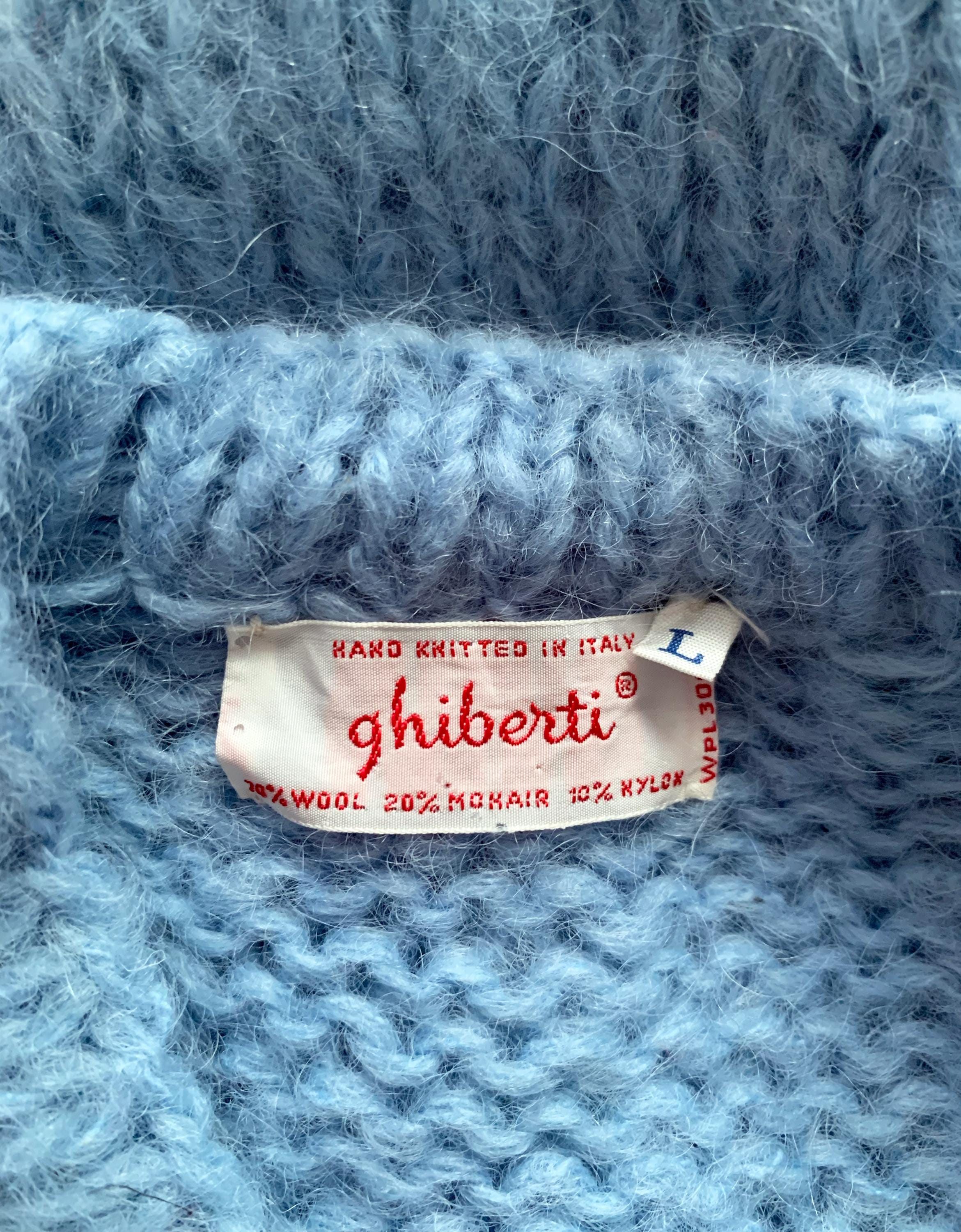 Vintage 60s Beautiful Blue Fuzzy Mohair Cable Knit V-neck