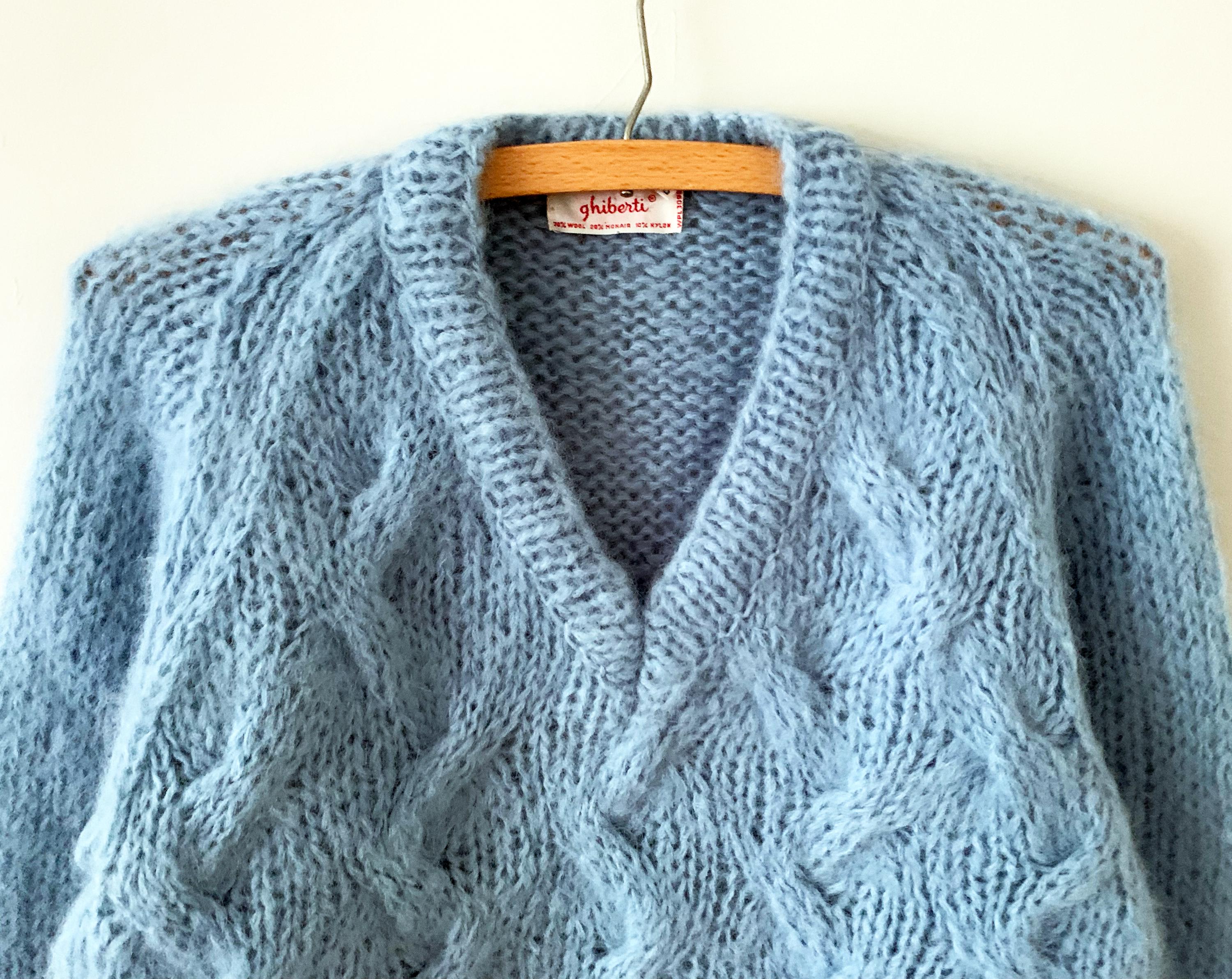 Vintage 60s Beautiful Blue Fuzzy Mohair Cable Knit V-neck