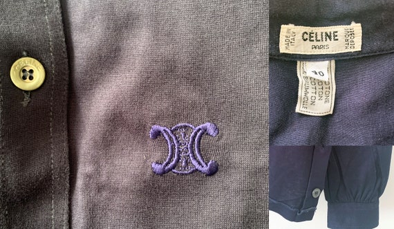 Vintage 80s Celine Navy Cotton Embroidered Logo Button up
