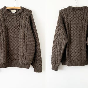 Vintage 80s Earthy Brown LL Bean Aran/Fisherman Wool Cable Knit Sweater Made In Ireland