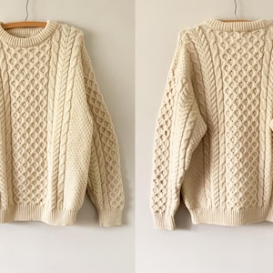 Vintage 80s Ivory LL Bean Aran/Fisherman Wool Cable Knit Sweater Made In Ireland