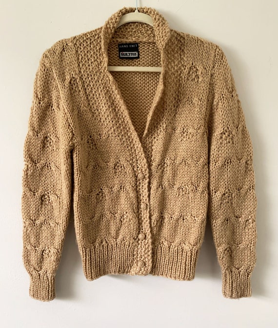 Vintage 80s Camel Brown Hand Knitted Cardigan With