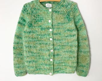 Vintage 60s Green Variegated Fuzzy Mohair Knit Crew Neck Cardigan Made In Italy