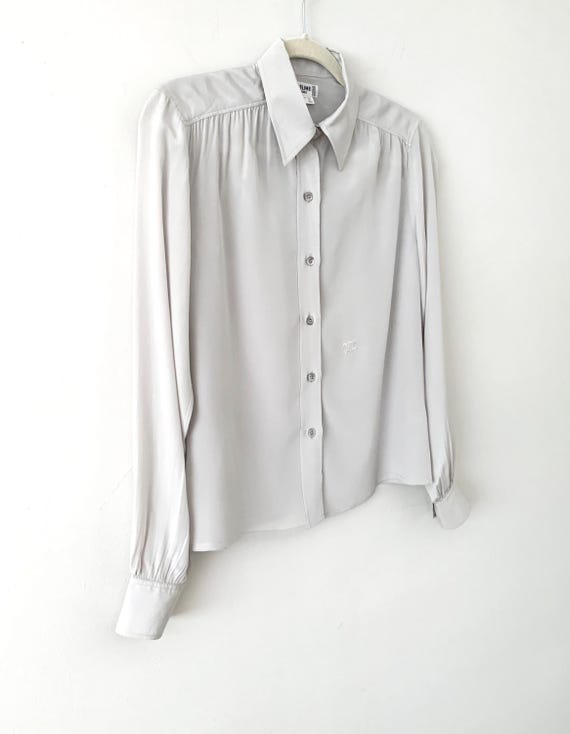 Vintage 80s Celine Gray Silk Embroidered Logo But… - image 3