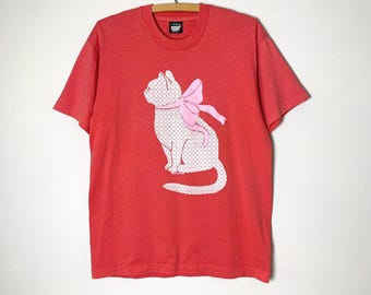 Camiseta de manga corta con estampado de gato/gatito estilo vintage de los años 80