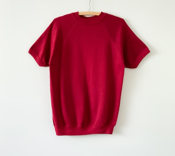 Vintage 70s Red Raglan Style Short Sleeve Crew Neck Sweatshirt 