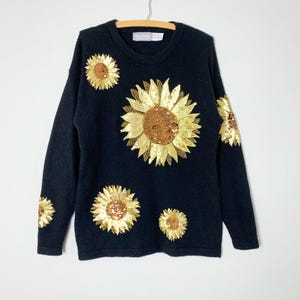 Vintage 80s Sequins Sunflower Black Angora Sweater