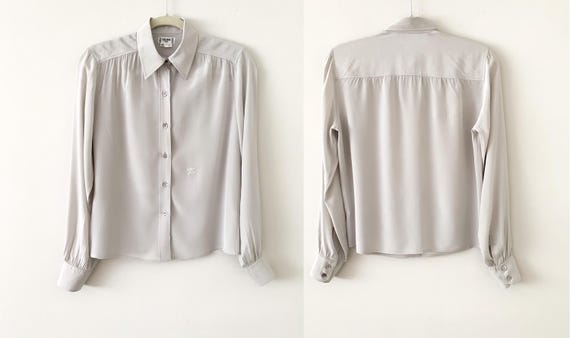 Vintage 80s Celine Gray Silk Embroidered Logo But… - image 1