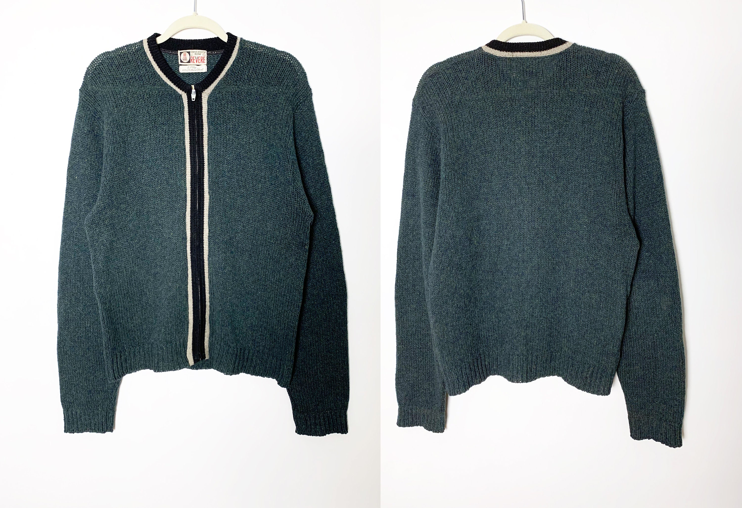Vintage 60s Deep Forrest Green Double Shetland Wool Knitted Zip 