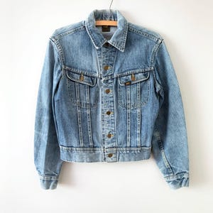 Jaqueta jeans vintage Lee dos anos 70 desbotada/levemente desgastada/usada, fabricada nos EUA