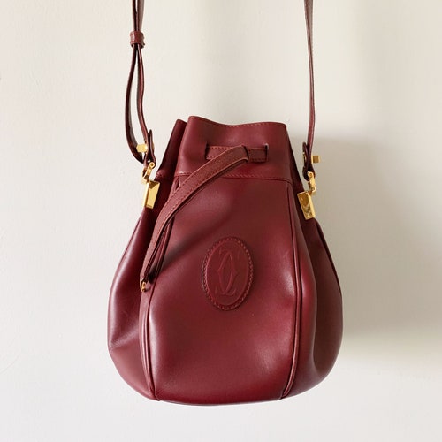 Vintage 80s Leather Must De Cartier Bucket Burgundy Handbag With 