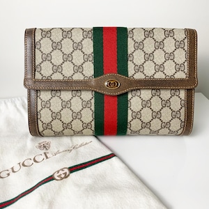 Vintage 80er Jahre authentische GG Sherry-Linie Braun / Beige und neutrale Clutch mit Staubbeutel