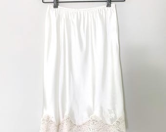 Vintage 80s Christian Dior Ivory Slip Skirt With Embroidered Logo And Lace Trim