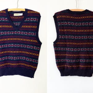 Vintage 80s L.L.Bean Fair Isle Shetland Wool V-Neck Sweater Vest Made In Scotland