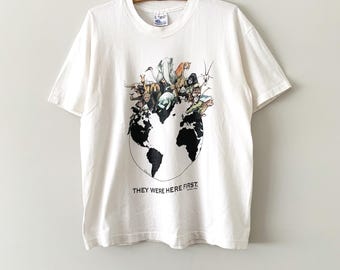 Vintage 90s Human-i Tees Animal Nature World "They Were Here First" Graphic T-shirt Single Needle Stitch